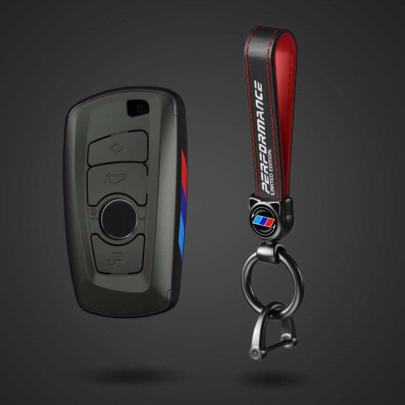 BMW Square key fob case in gunmetal with leather strap keychain