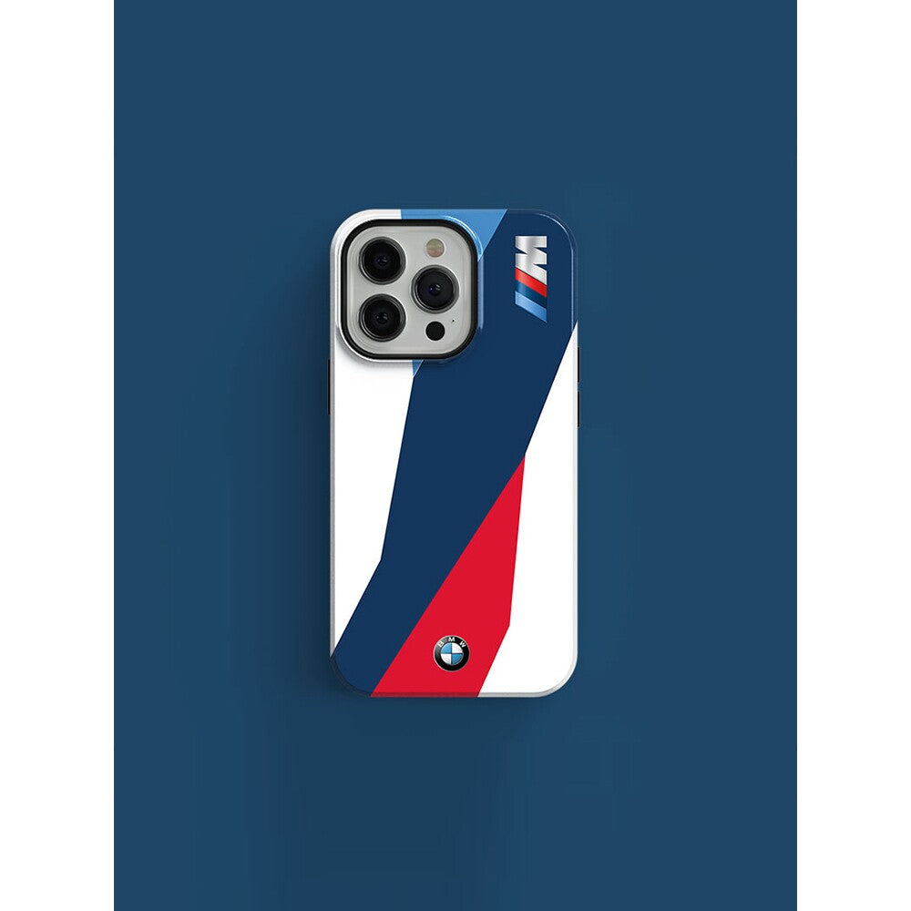 BMW M tricolor iPhone case on dark blue background