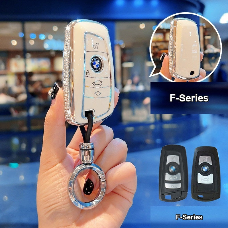 BMW key case Style A (F-Series) - Cream White/Silver Edge + Braided Cord