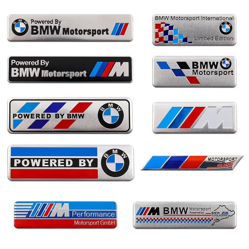 Collection of BMW Motorsport and M Performance aluminum badges