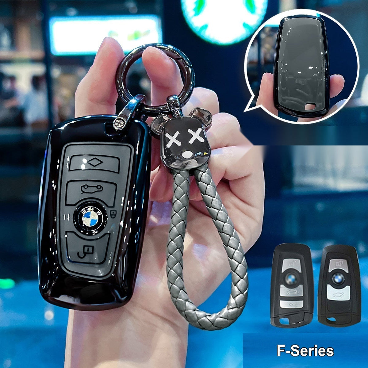 BMW smart key fob glossy black/gray TPU case Style A with bear woven rope keychain