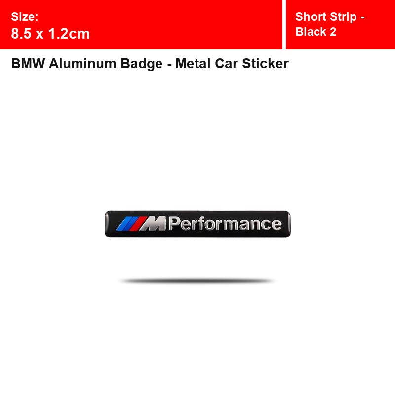 BMW aluminum badge, Short Strip - Black 2 design, size 8.5 x 1.2cm