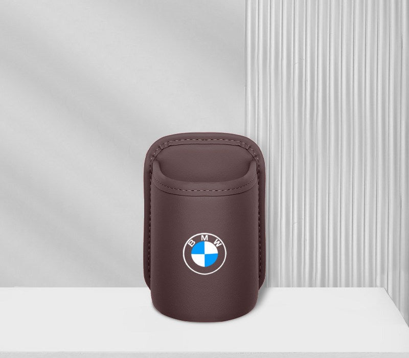 BMW leather car cup holder single piece, brown with BMW logo