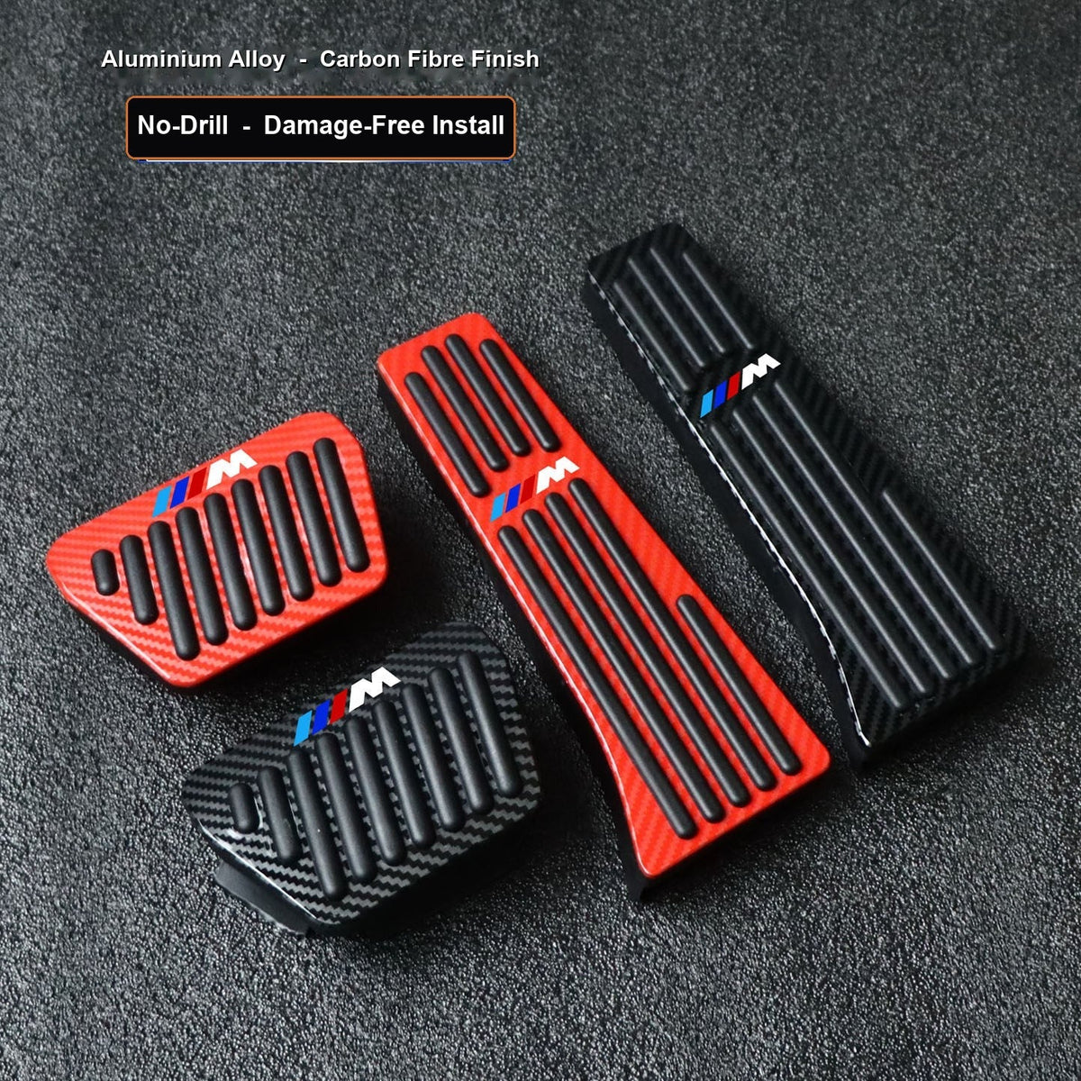 BMW M Sport aluminium alloy pedal covers - no-drill brake and throttle foot pedals with M tri-colour logo
