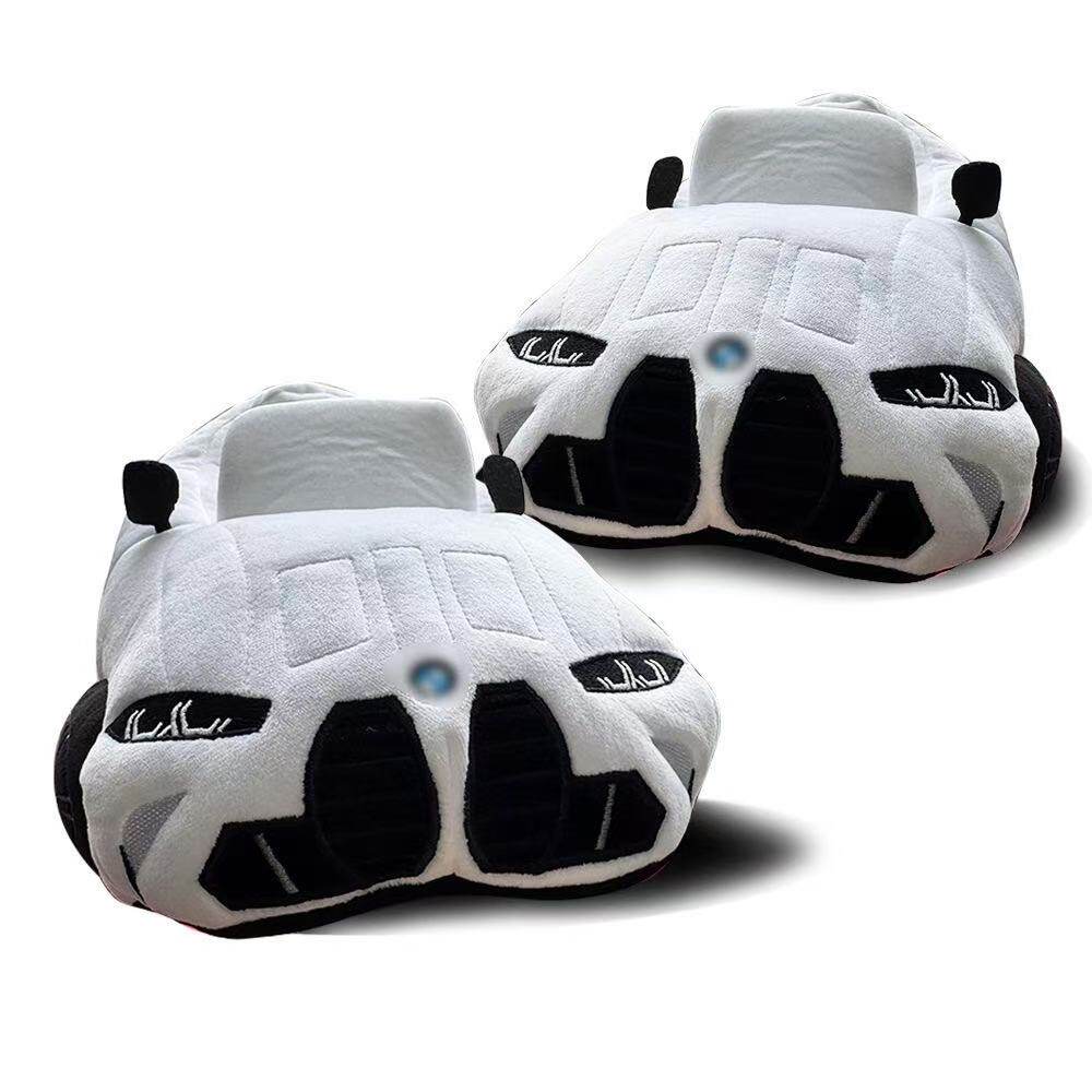 White BMW-style sports car plush slippers pair