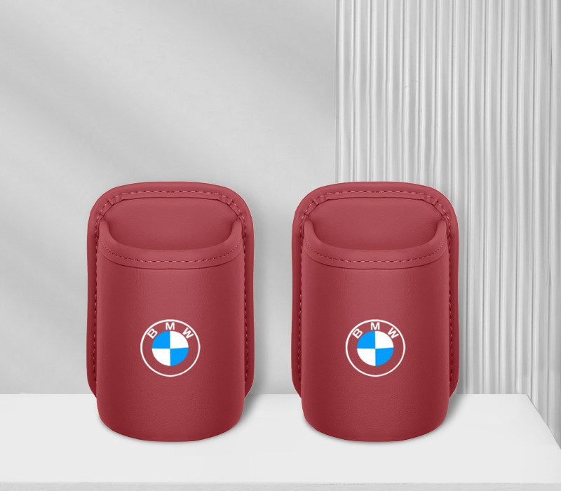 BMW leather car cup holder two piece set, red with BMW logo
