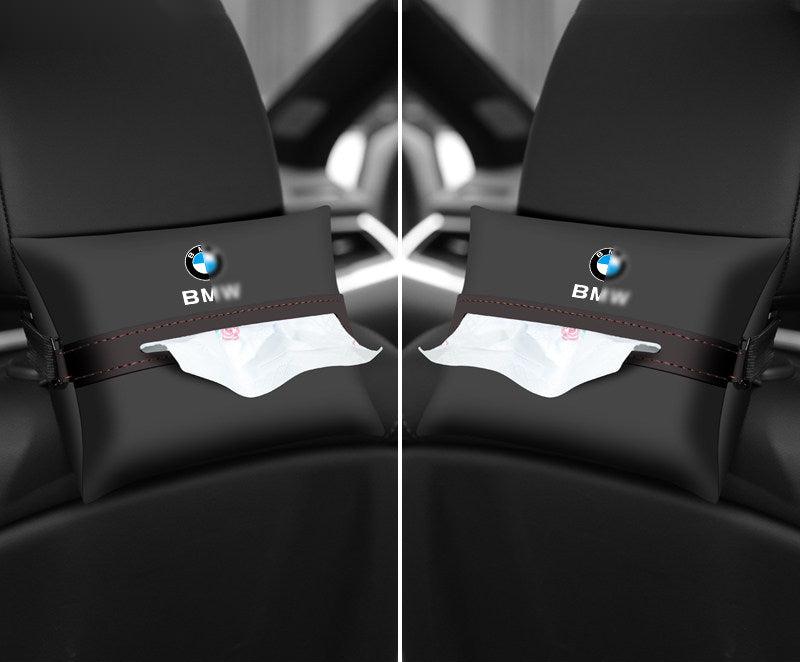 Black leather BMW tissue holder - set of 2, mounted on both front headrests