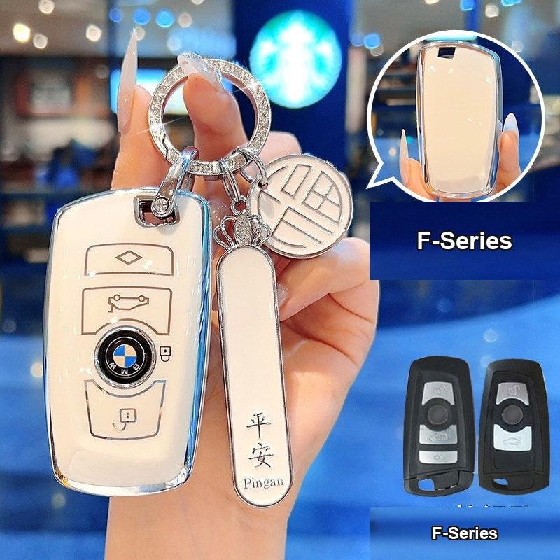 BMW key case Style A (F-Series) - Cream White/Silver Edge + 'Pingan' Safety Plate (Alt)