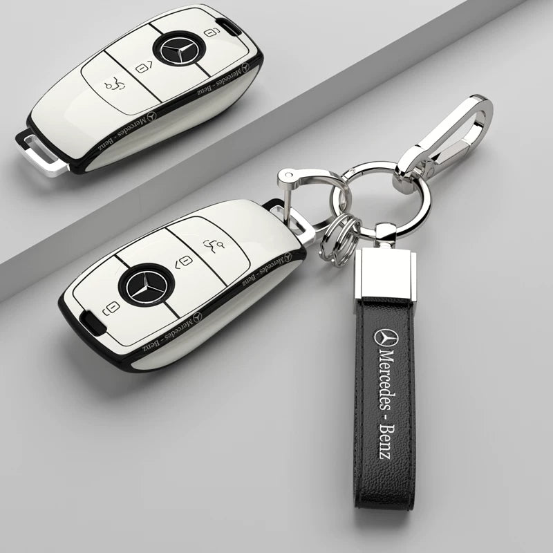 Mercedes-Benz Riviera Two-Tone Key Case – Ivory White – Black Trim, Slim Script with Mercedes-Benz Script Strap