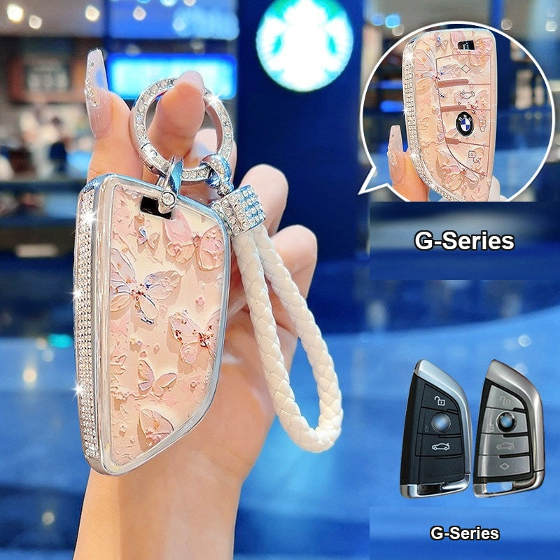 BMW key case Style B (G-Series) - Hand-Painted Butterfly + Diamond Woven Cord