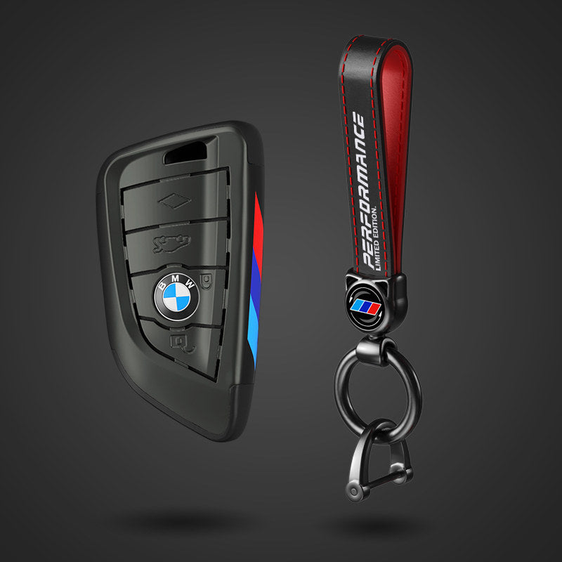 BMW Blade key fob case in gunmetal with leather strap keychain