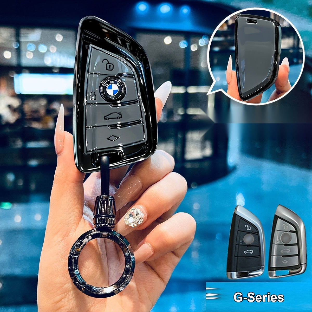 BMW smart key fob glossy black/gray TPU case with bullet round buckle keychain