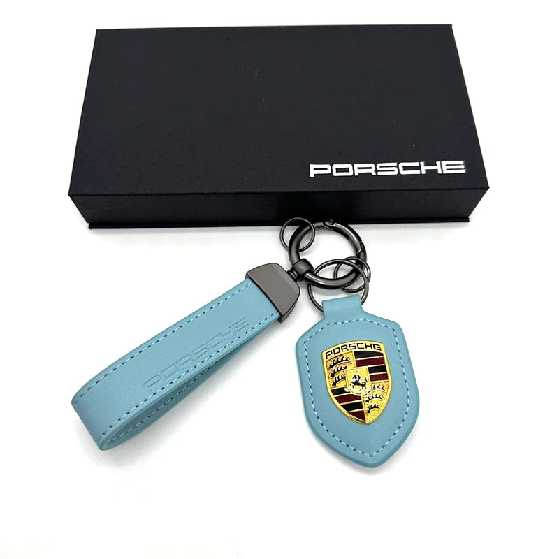 Porsche crest leather key fob in Sky Blue