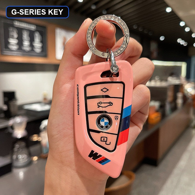 BMW key shell case pink with rhinestone keyring, no keychain pendant