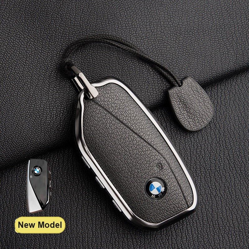 BMW New Model key fob case in Deep Black ALRAN French goat leather with Simple Rope Strap - fits X1 X3 X5 X7, 5/7 Series, 740Li, i7
