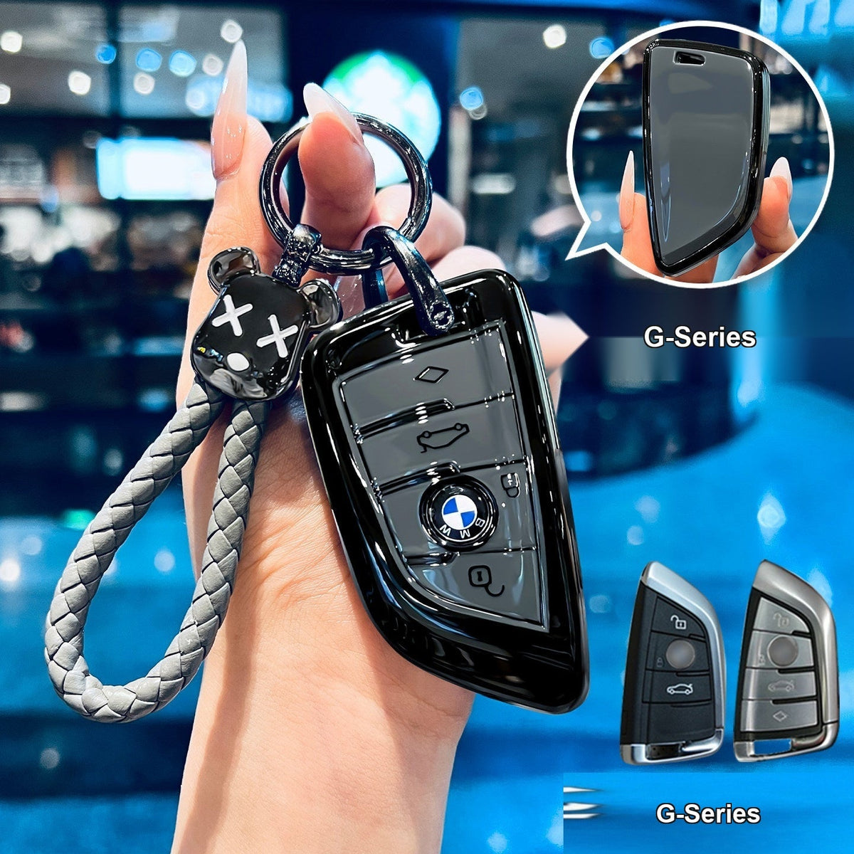 BMW key sleeve Style B G-Series, glossy black/gray with bear woven rope keychain