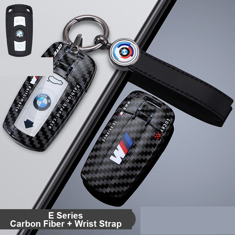 BMW E-Series key fob case - carbon fiber pattern shell with wrist strap