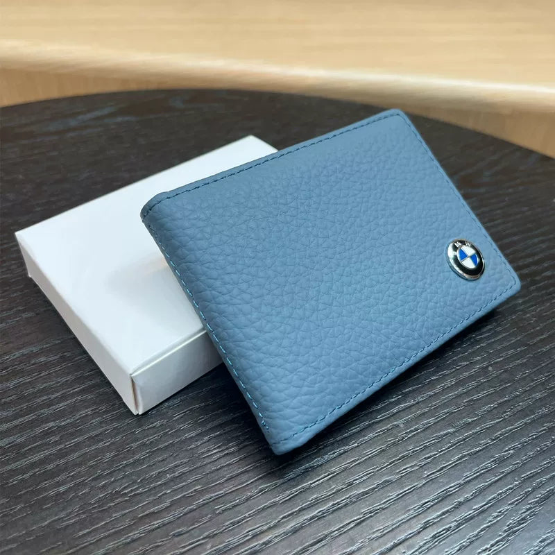 Blue BMW license wallet with chrome roundel emblem