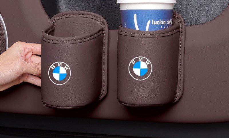 BMW leather car door cup holder set with coffee cup, dual pocket organizer