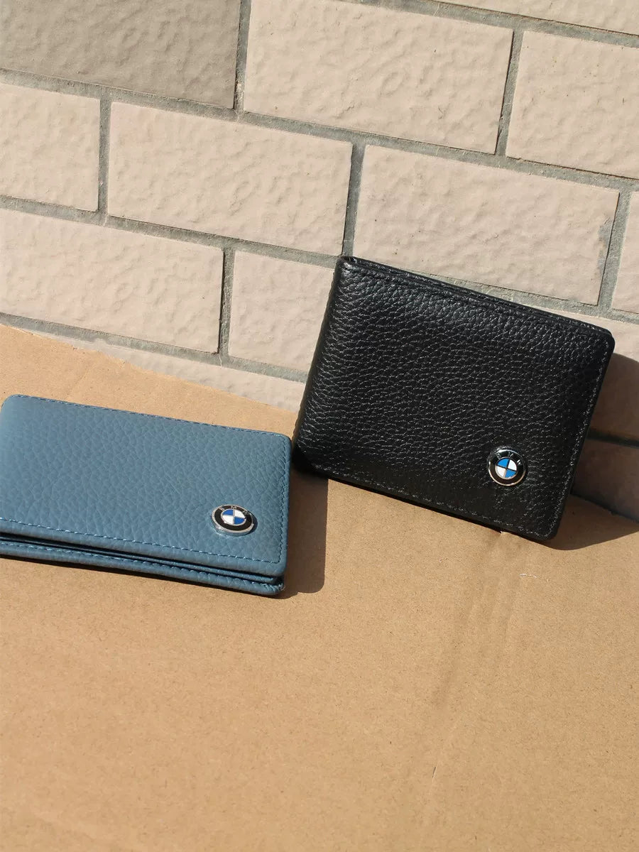 BMW roundel license wallets in black and blue pebble grain finish