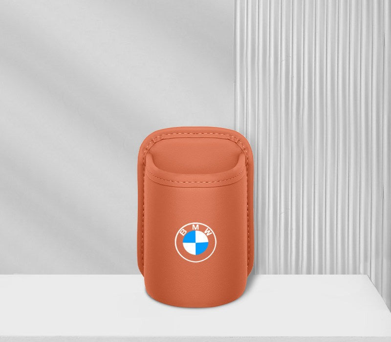 BMW leather car cup holder single piece, orange with BMW logo