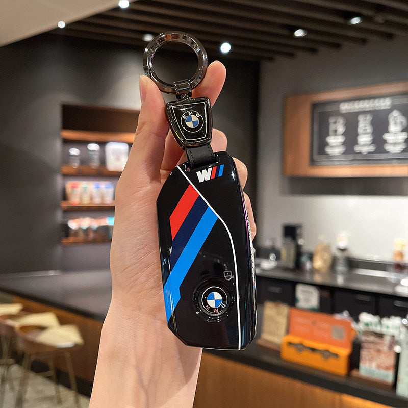 BMW M Performance black leather key case with BMW logo leather strap