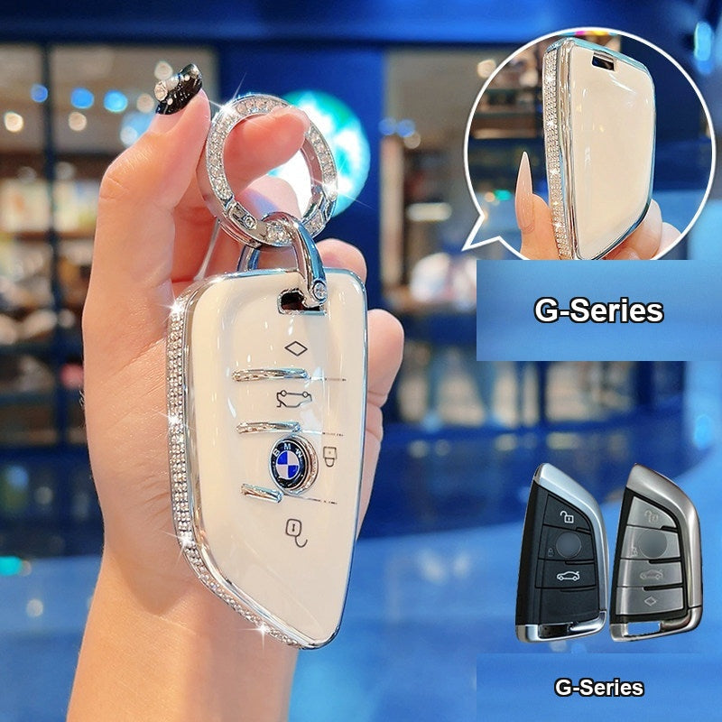 BMW key case Style B (G-Series) - Cream White/Silver Edge + Diamond-Set Ring