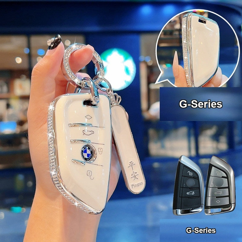 BMW key case Style B (G-Series) - Cream White/Silver Edge + Safety Number Plate