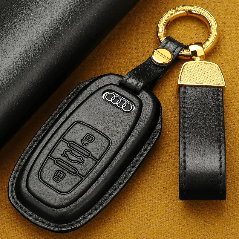 Audi Heritage Top-Grain Leather Key Case – Handcrafted Cowhide with Signature Keyring