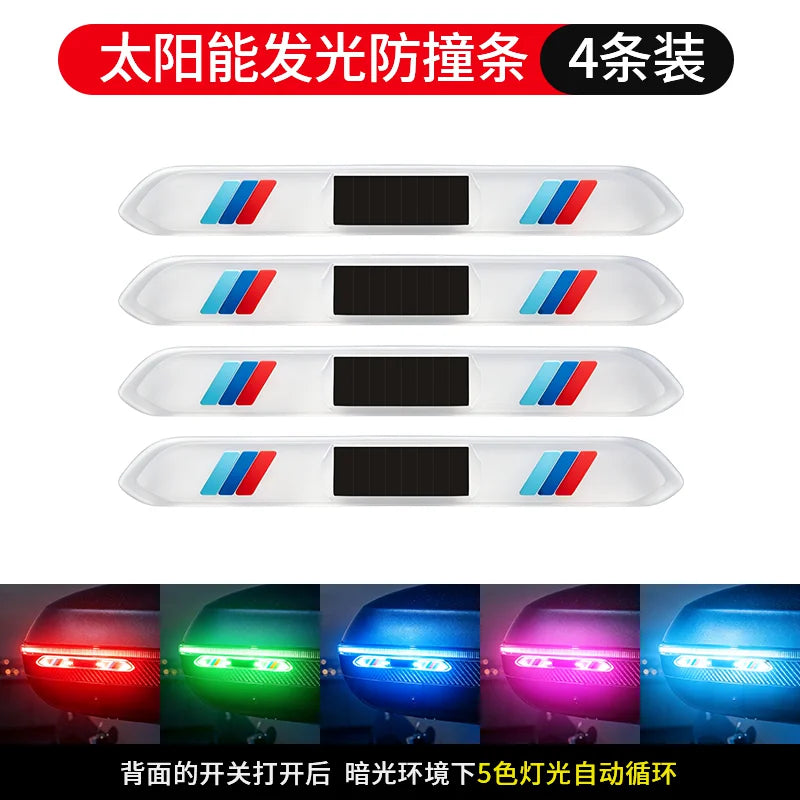 Solar illumination on car doors, colorful anti-rear-end collision warning lights, anti-collision strips, electric motorcycle flashing lights, and wire-free ambient lights
