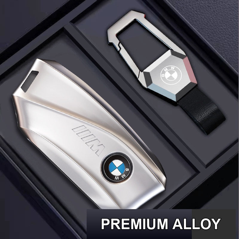 BMW alloy key case silver finish with premium carabiner keychain, black warrior series