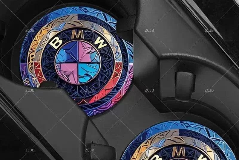 BMW car coaster close-up showing detailed logo pattern in cup holder
