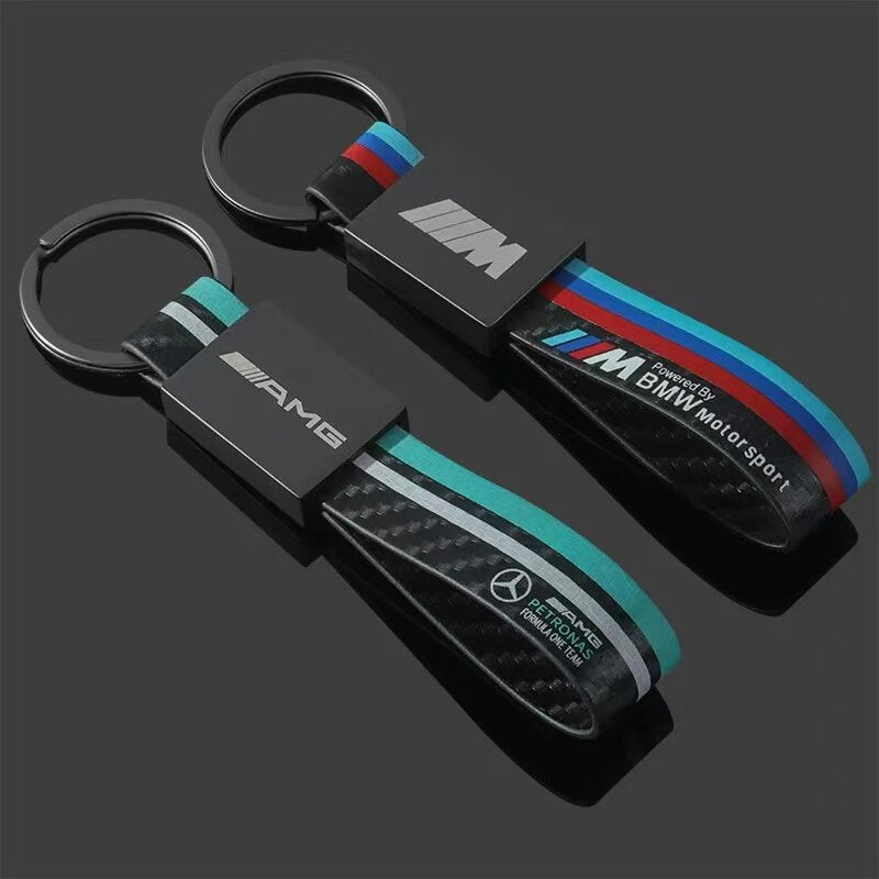 BMW M three-color sports logo Mercedes-Benz AMG leather carbon fiber pattern car modified car logo metal keychain pendant