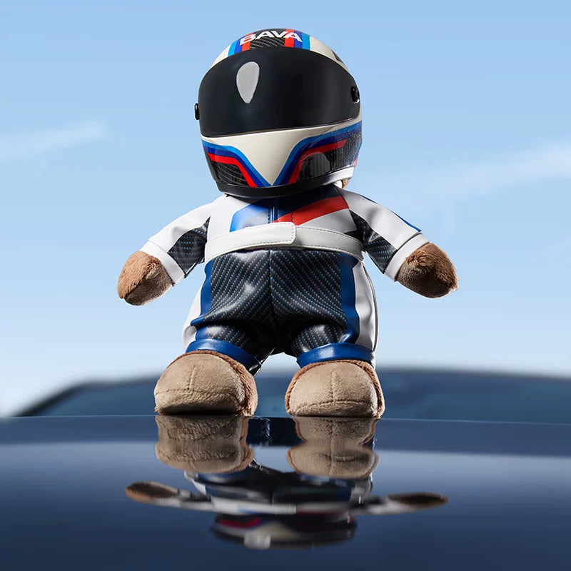 BMW M racer bear plush wearing full-face helmet and M stripe racing suit