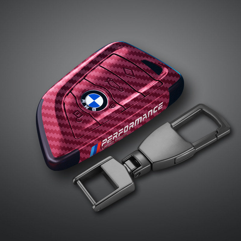 BMW Blade key fob case in red carbon fiber with metal buckle keychain
