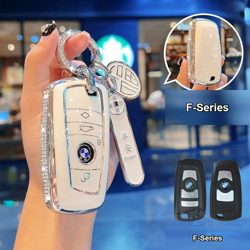 BMW key case Style A (F-Series) - Cream White/Silver Edge + 'Blessing' Number Plate