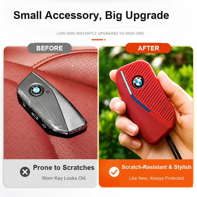 BMW key case before and after - scratched original key vs protected silicone cover