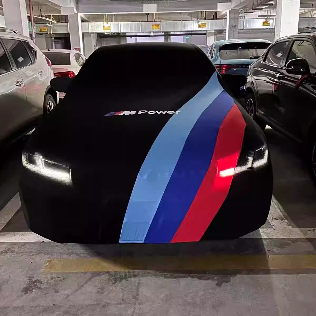 BMW M-Power diagonal stripe car cover in black, fitted indoor use