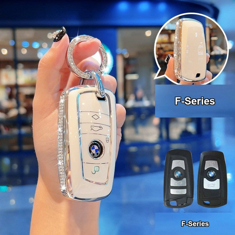 BMW key case Style A (F-Series) - Cream White/Silver Edge + Diamond-Set Ring