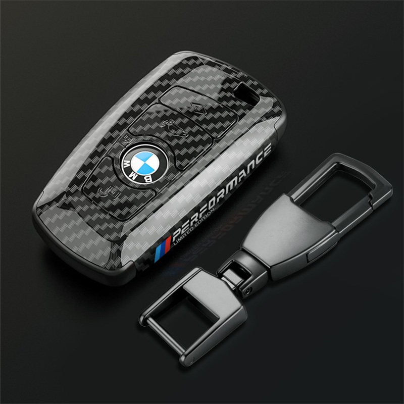 BMW Square key fob case in black carbon fiber with buckle keychain