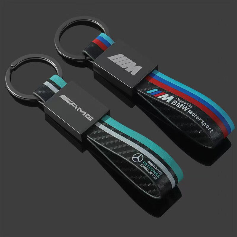 BMW M three-color sports logo Mercedes-Benz AMG leather carbon fiber pattern car modified car logo metal keychain pendant