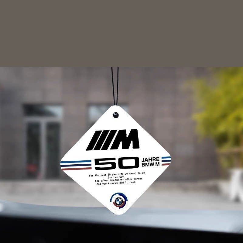 BMW M Power 50th Anniversary air freshener hanging in car