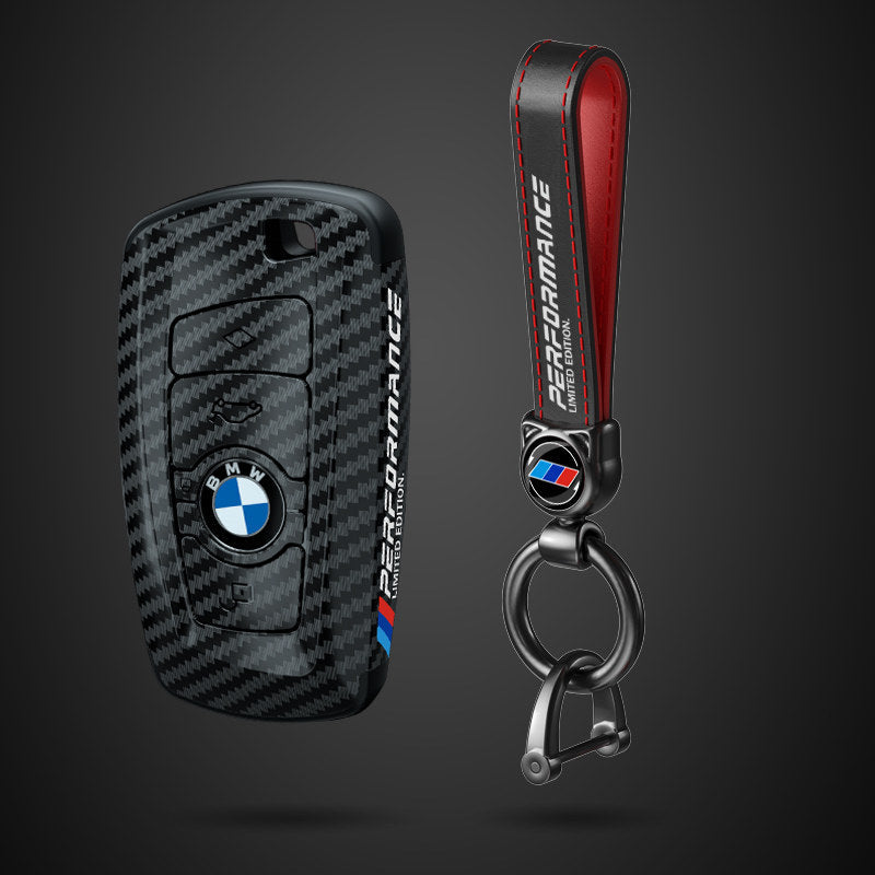 BMW Square key fob case in black carbon fiber with leather strap keychain