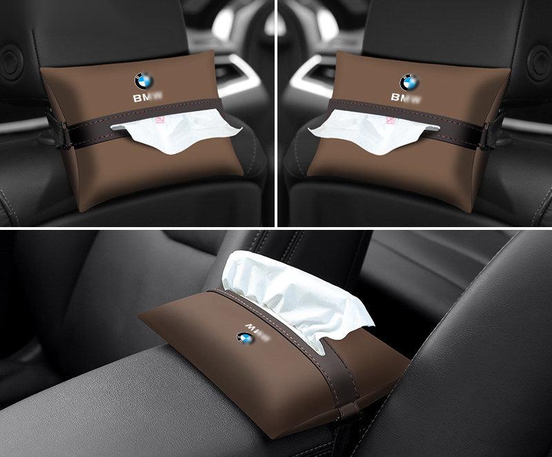 Coffee brown leather BMW tissue holder - set of 3, seat back and armrest views