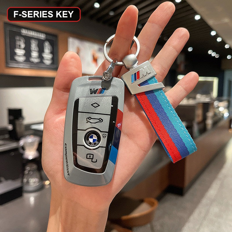 BMW key shell case gray with red blue M-stripe keychain strap