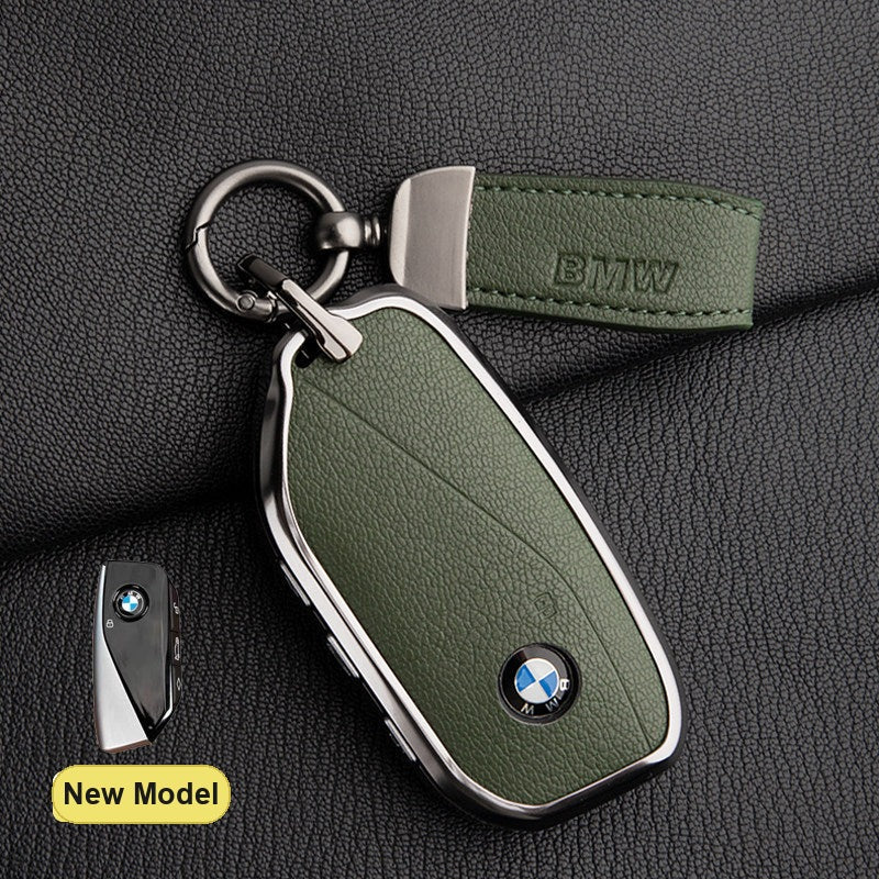 BMW New Model key fob case in Olive Green ALRAN French goat leather with BMW Pendant Keyring - fits X1 X3 X5 X7, 5/7 Series, 740Li, i7