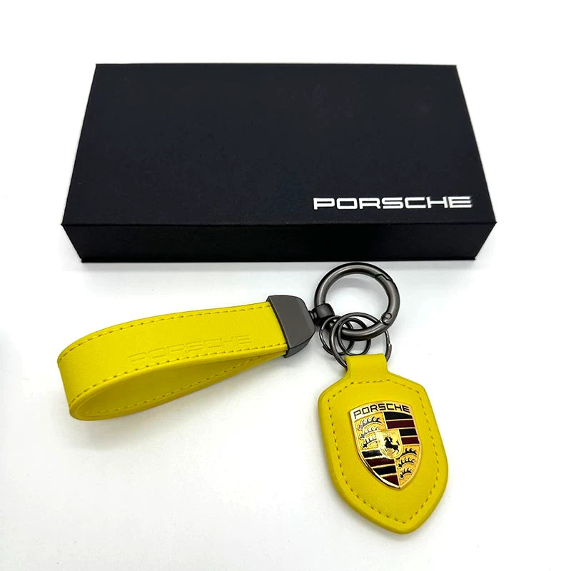 Porsche crest leather key fob in Racing Yellow