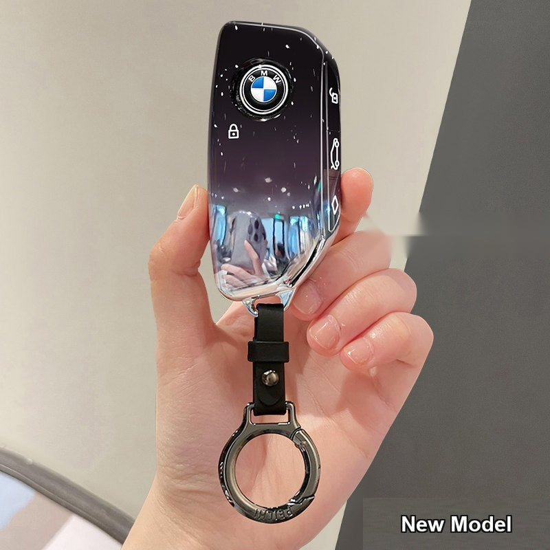 BMW key sleeve Starry Sky Black with black leather buckle keychain, Style F shell for older BMW folding key