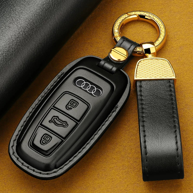 Audi Heritage Top-Grain Leather Key Case – Handcrafted Cowhide with Signature Keyring
