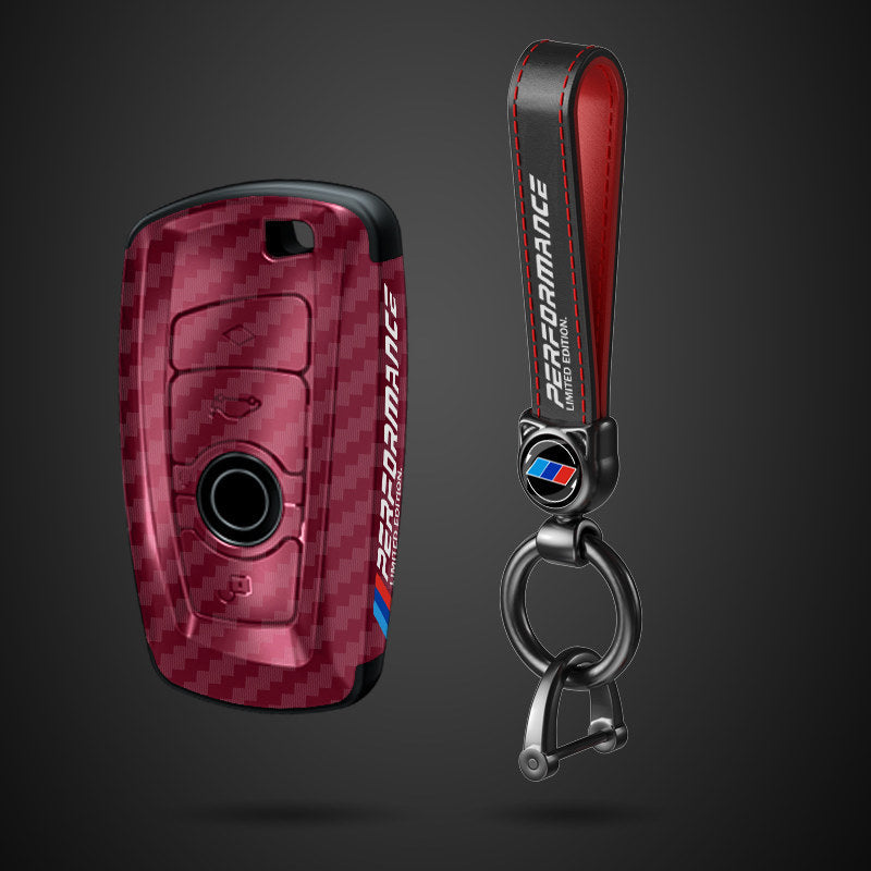 BMW Square key fob case in red carbon fiber with leather strap keychain